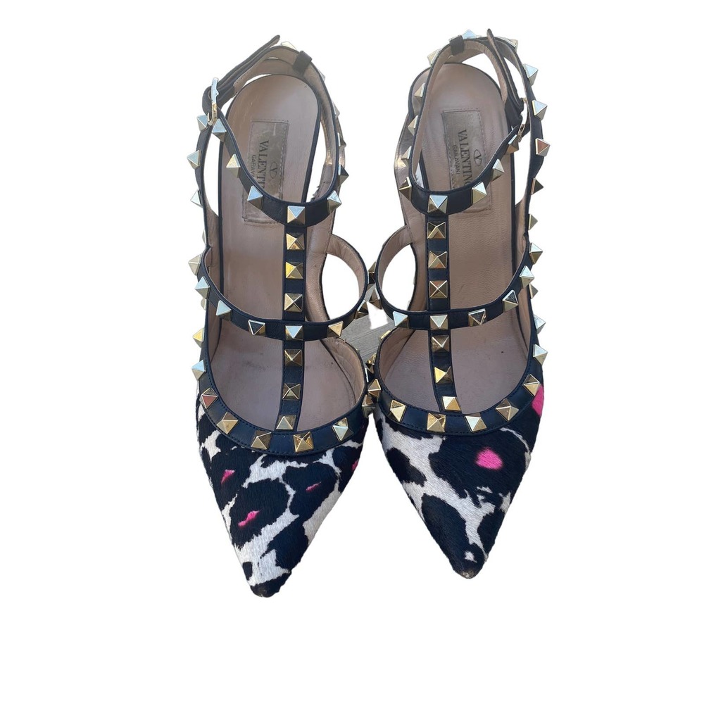 Valentino Garavani Black White Leopard Studded T-Strap Heels with Pink Accents